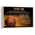 Framed basketball wall art featuring a basketball court, large basketball, and motivational message
