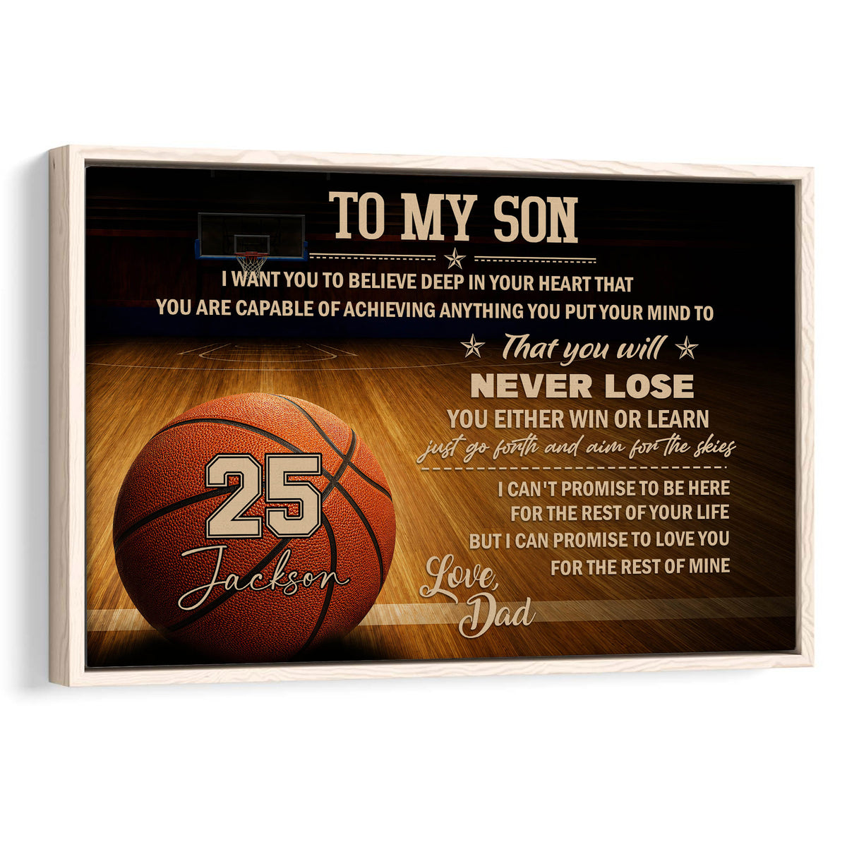 Framed basketball wall art featuring a basketball court, large basketball, and motivational message