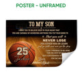 Unframed basketball poster with a court background, large basketball, and inspirational sports message