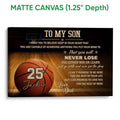 Matte canvas basketball wall art showing a court scene, basketball graphic, and motivational typography