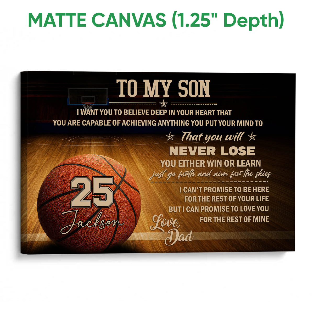 Matte canvas basketball wall art showing a court scene, basketball graphic, and motivational typography