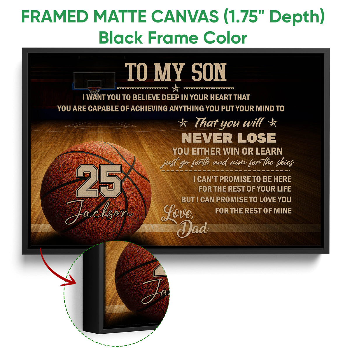 Black framed basketball wall art with a detailed basketball court design and motivational message