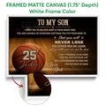 White framed basketball wall art featuring a large basketball, court floor, and inspirational typography
