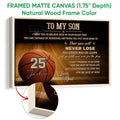 Natural wood framed basketball wall art with warm court tones, basketball imagery, and motivational wording
