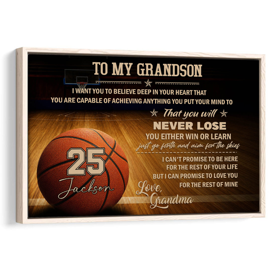 Framed basketball wall art with an inspirational message, basketball court background and warm wood tones