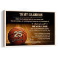 Framed basketball wall art with an inspirational message, basketball court background and warm wood tones