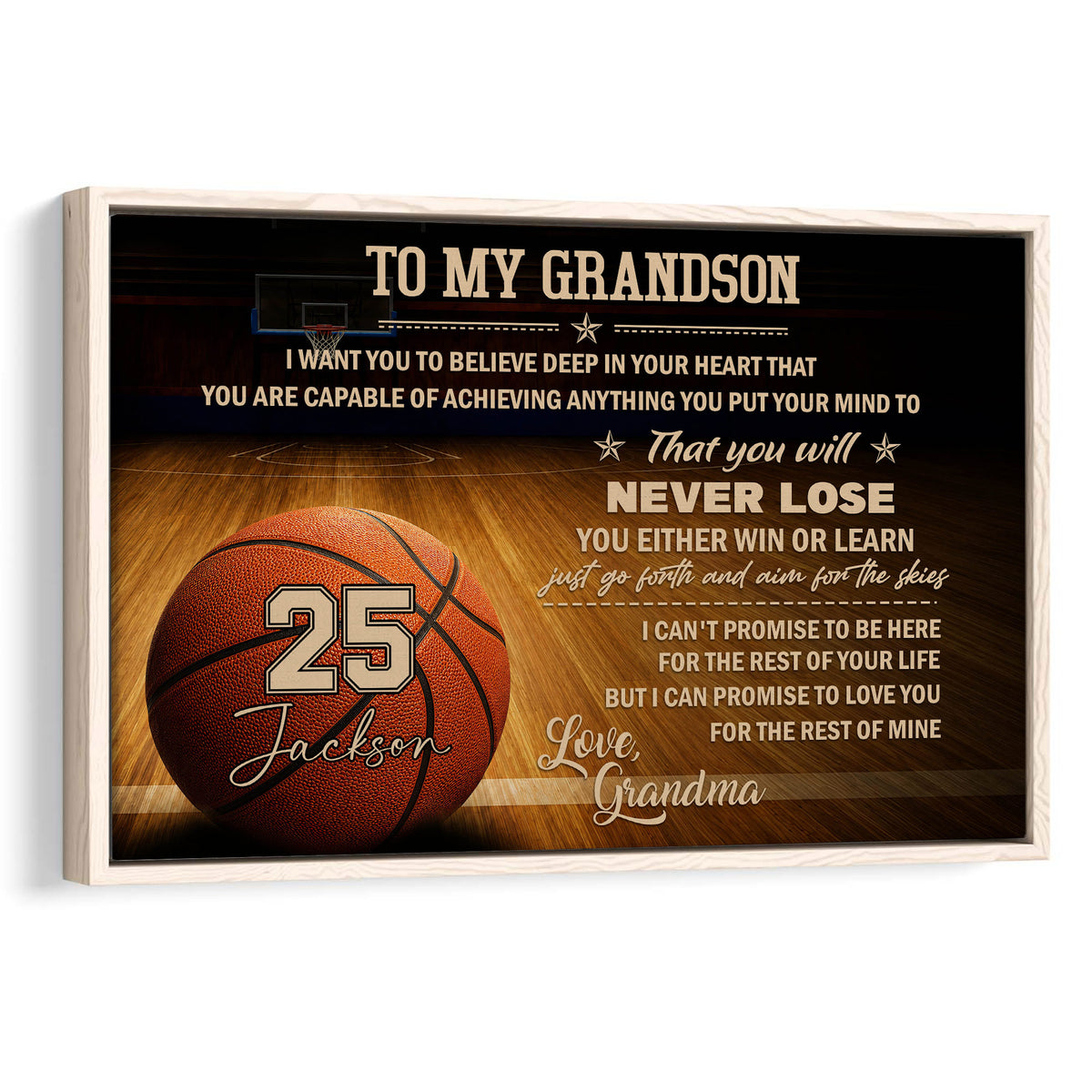 Framed basketball wall art with an inspirational message, basketball court background and warm wood tones