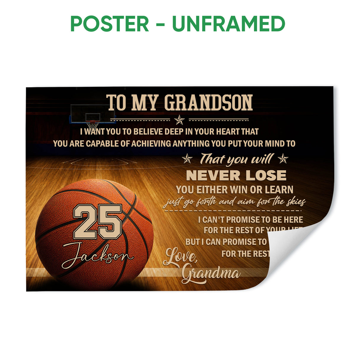 Unframed basketball poster featuring a basketball court, large basketball and motivational message