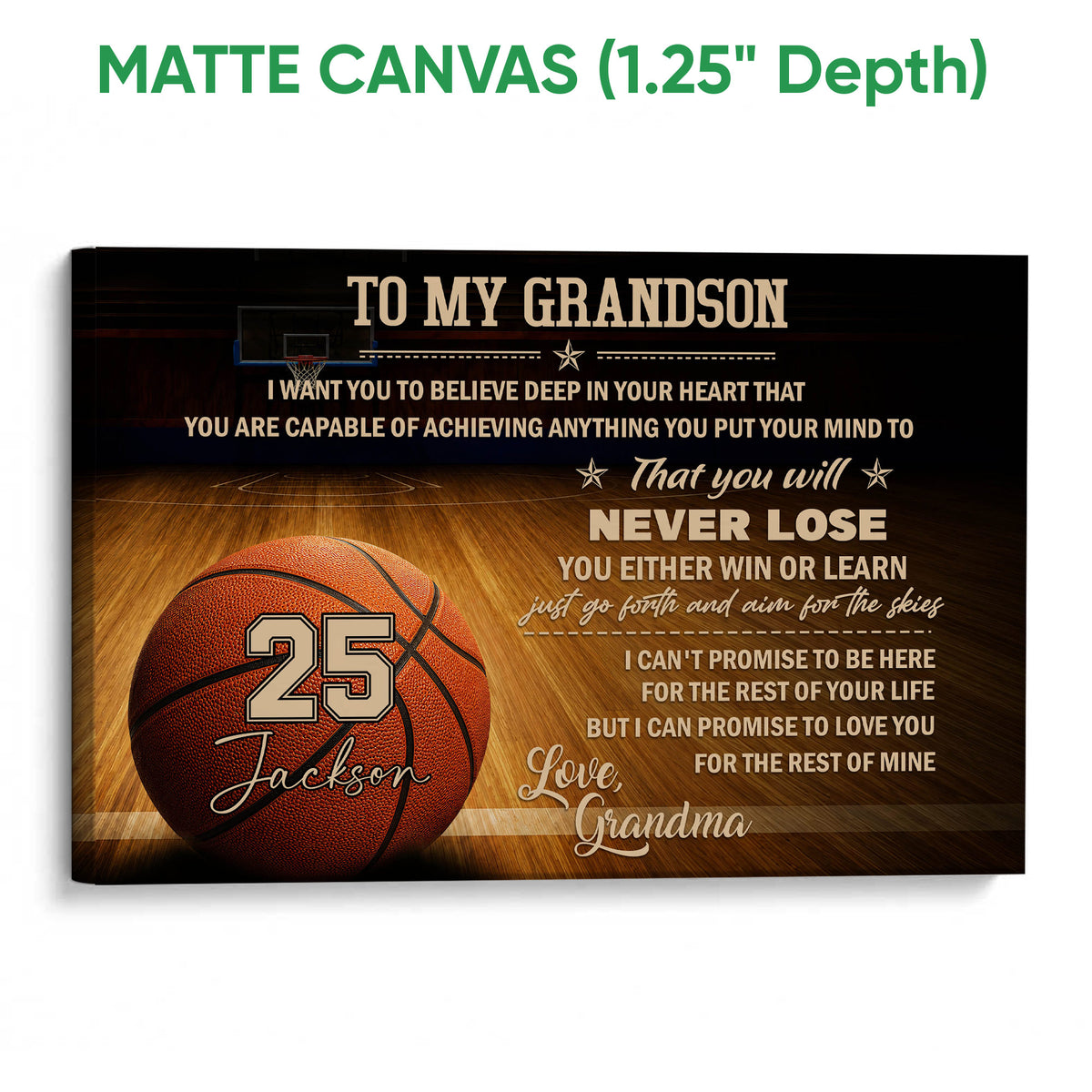 Matte canvas basketball wall art with a gallery-style presentation, court background and inspirational design