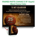 Black framed canvas basketball wall art with close-up detail of the frame and vibrant court artwork