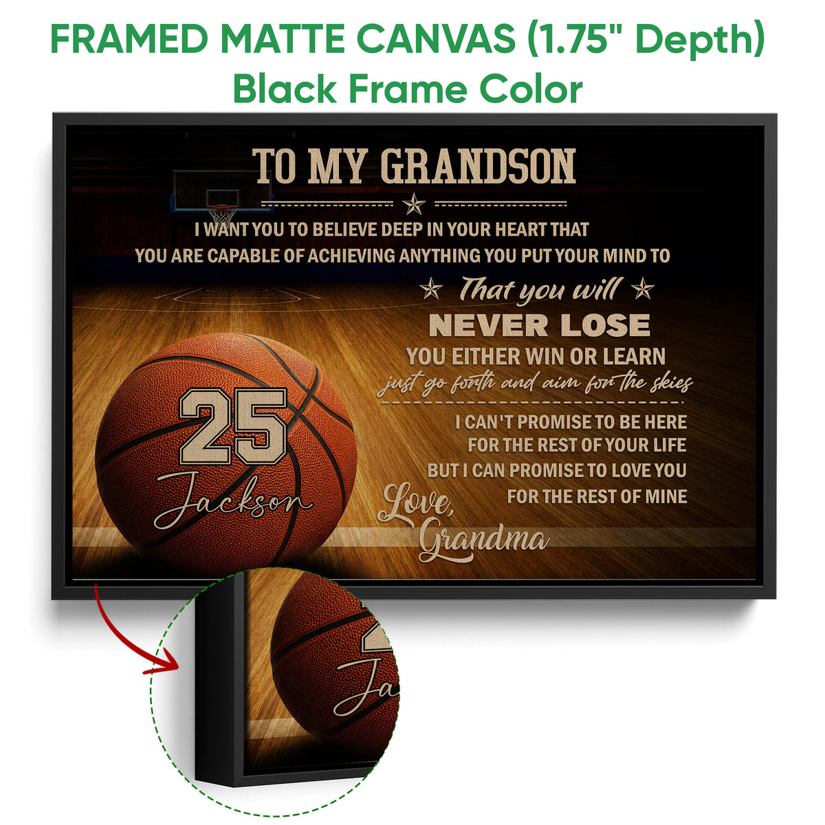 Black framed canvas basketball wall art with close-up detail of the frame and vibrant court artwork