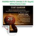 White framed canvas basketball wall art showing the court design, basketball and inspirational message