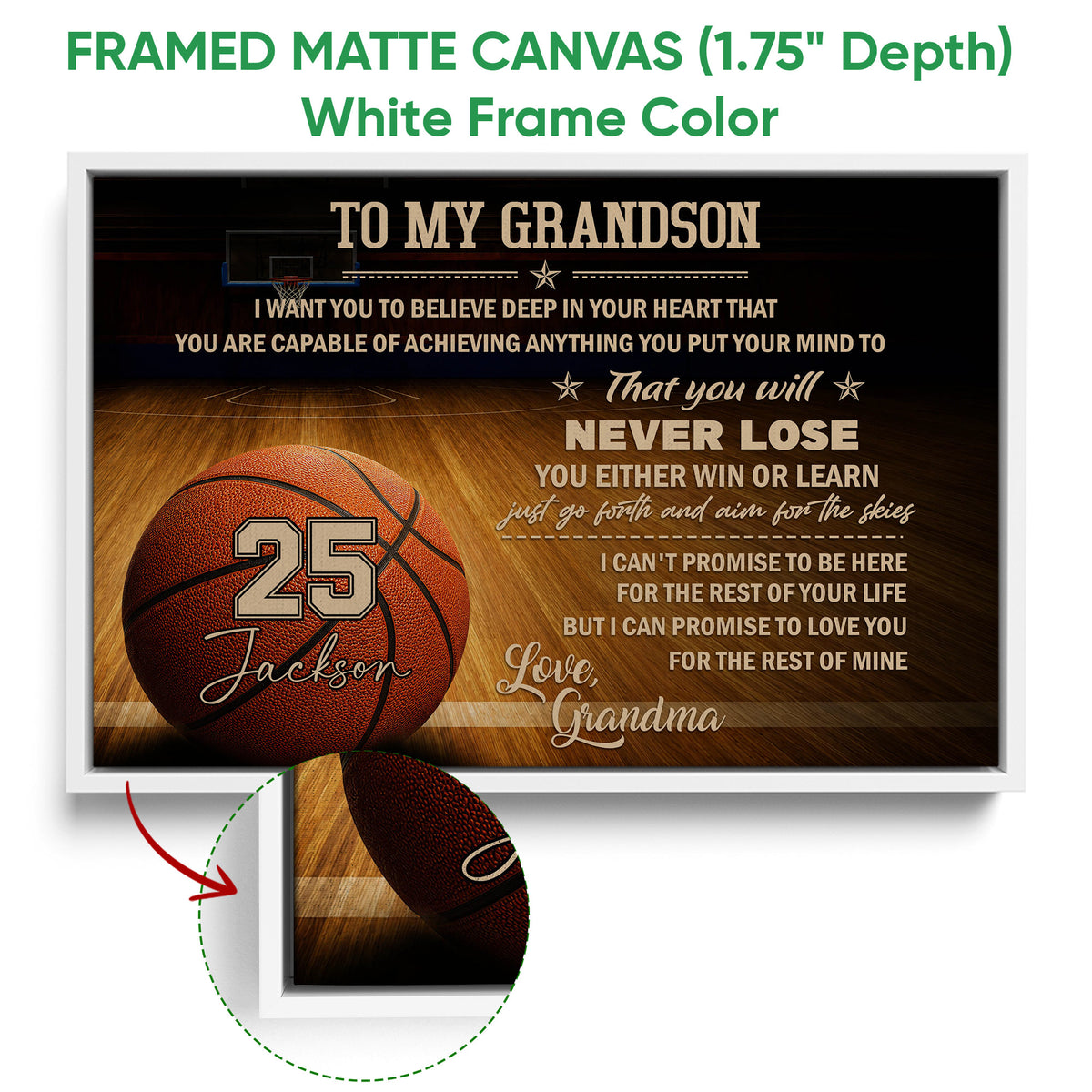 White framed canvas basketball wall art showing the court design, basketball and inspirational message