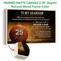 Natural wood framed basketball canvas wall art with close-up frame detail and warm sports artwork