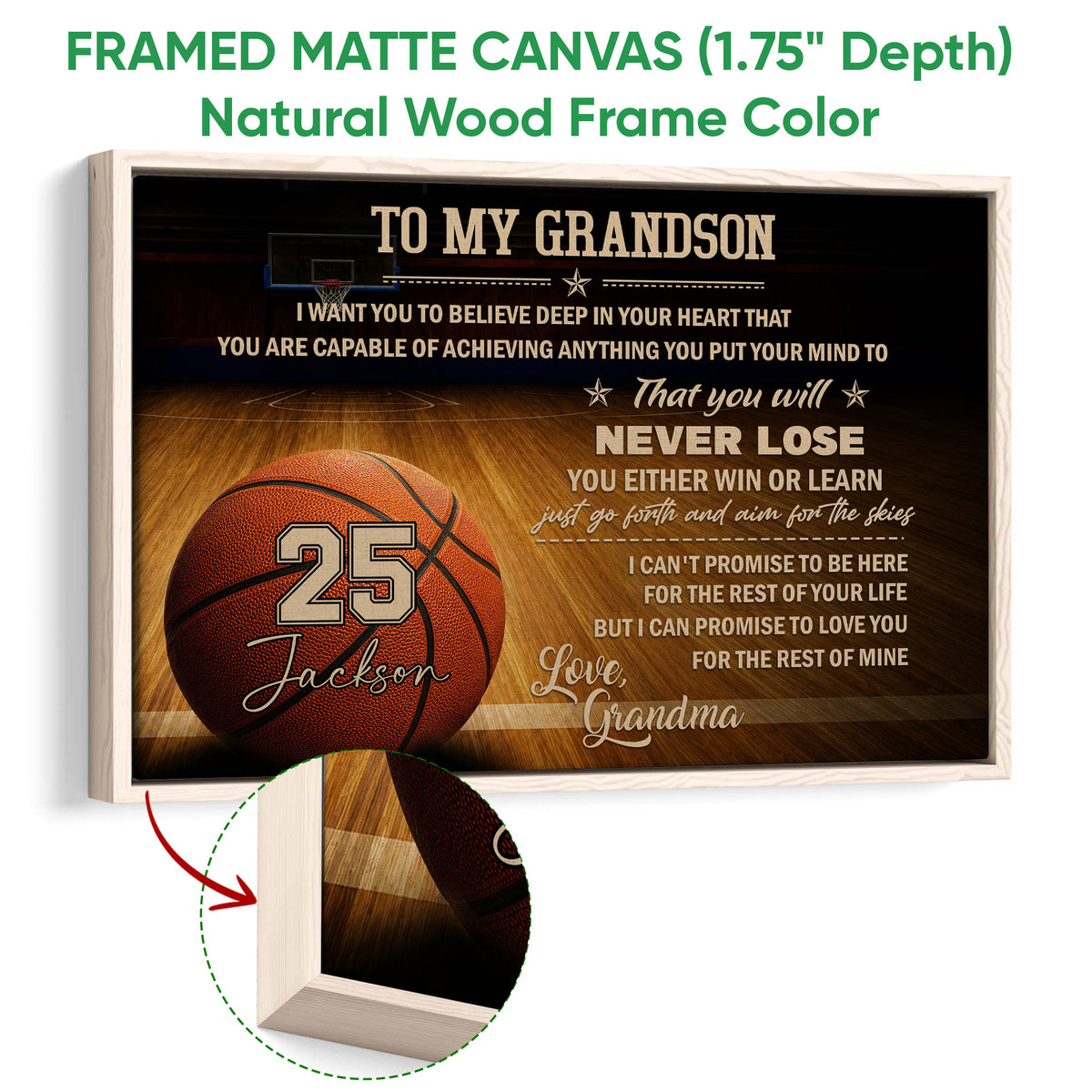 Natural wood framed basketball canvas wall art with close-up frame detail and warm sports artwork