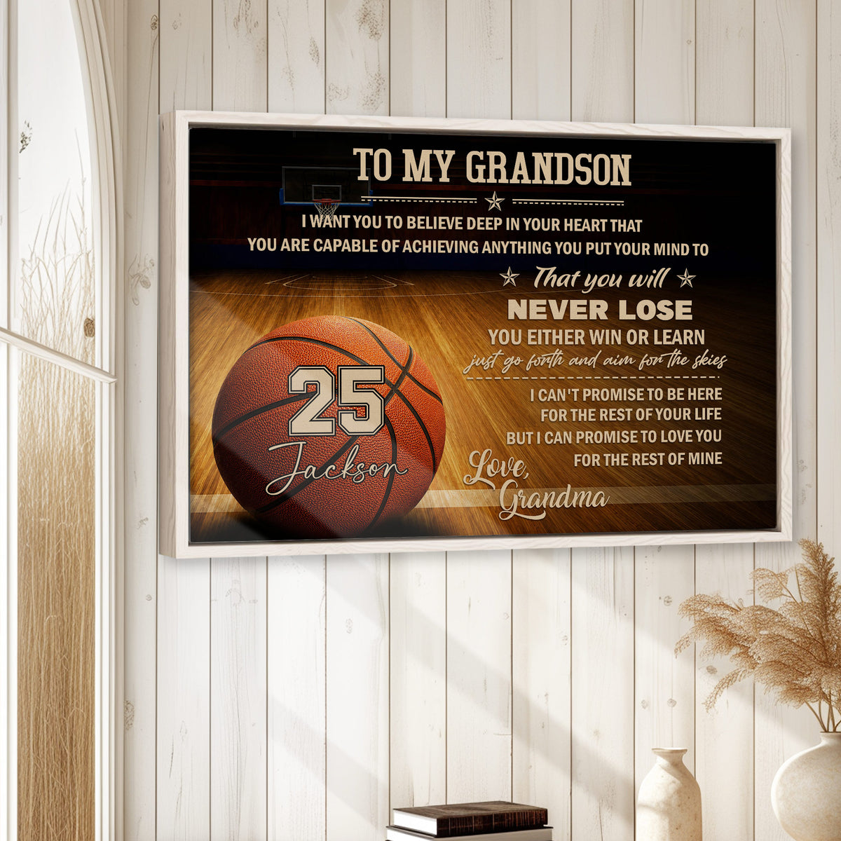 Basketball wall art displayed on a light wood-paneled wall in a bright home interior