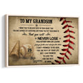 Framed baseball wall art with vintage baseball imagery, red stitching, and an inspirational message