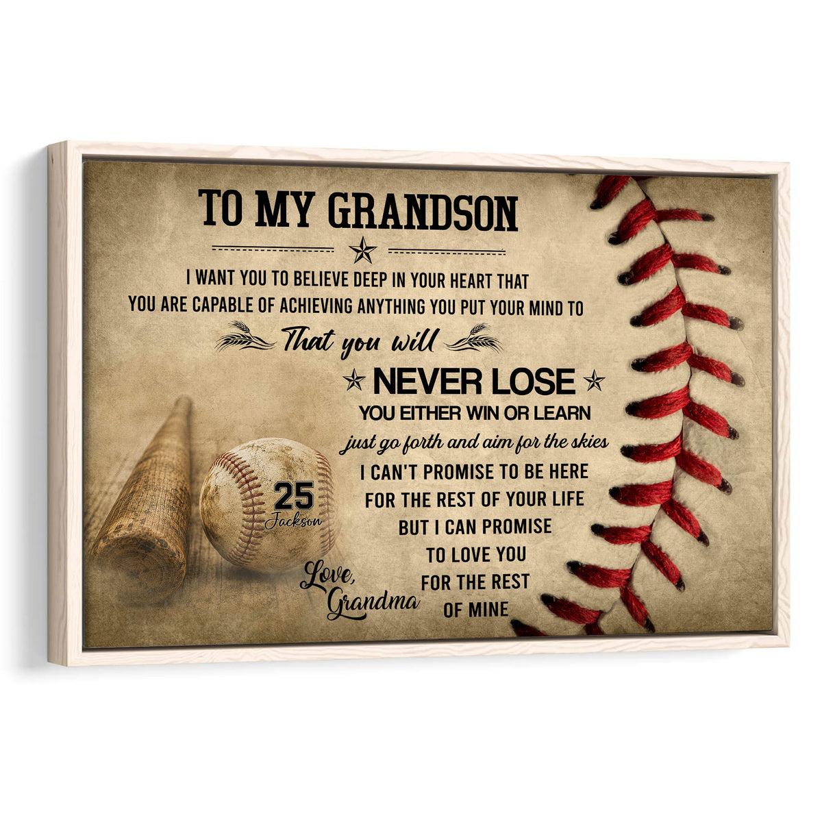 Framed baseball wall art with vintage baseball imagery, red stitching, and an inspirational message