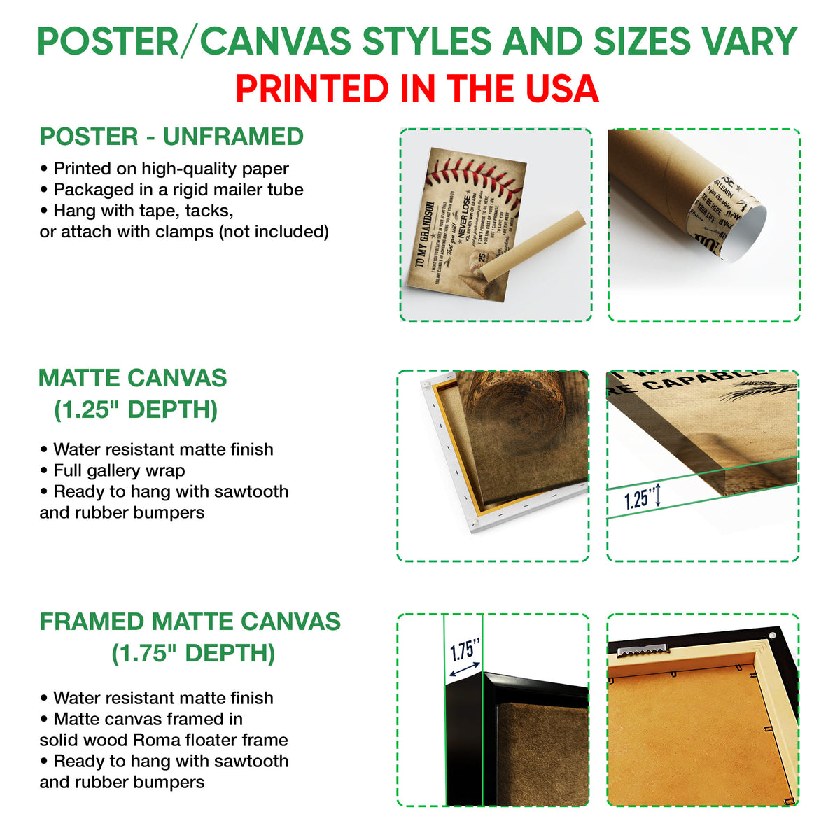 Poster and canvas wall art options guide showing unframed poster, canvas, and framed canvas formats