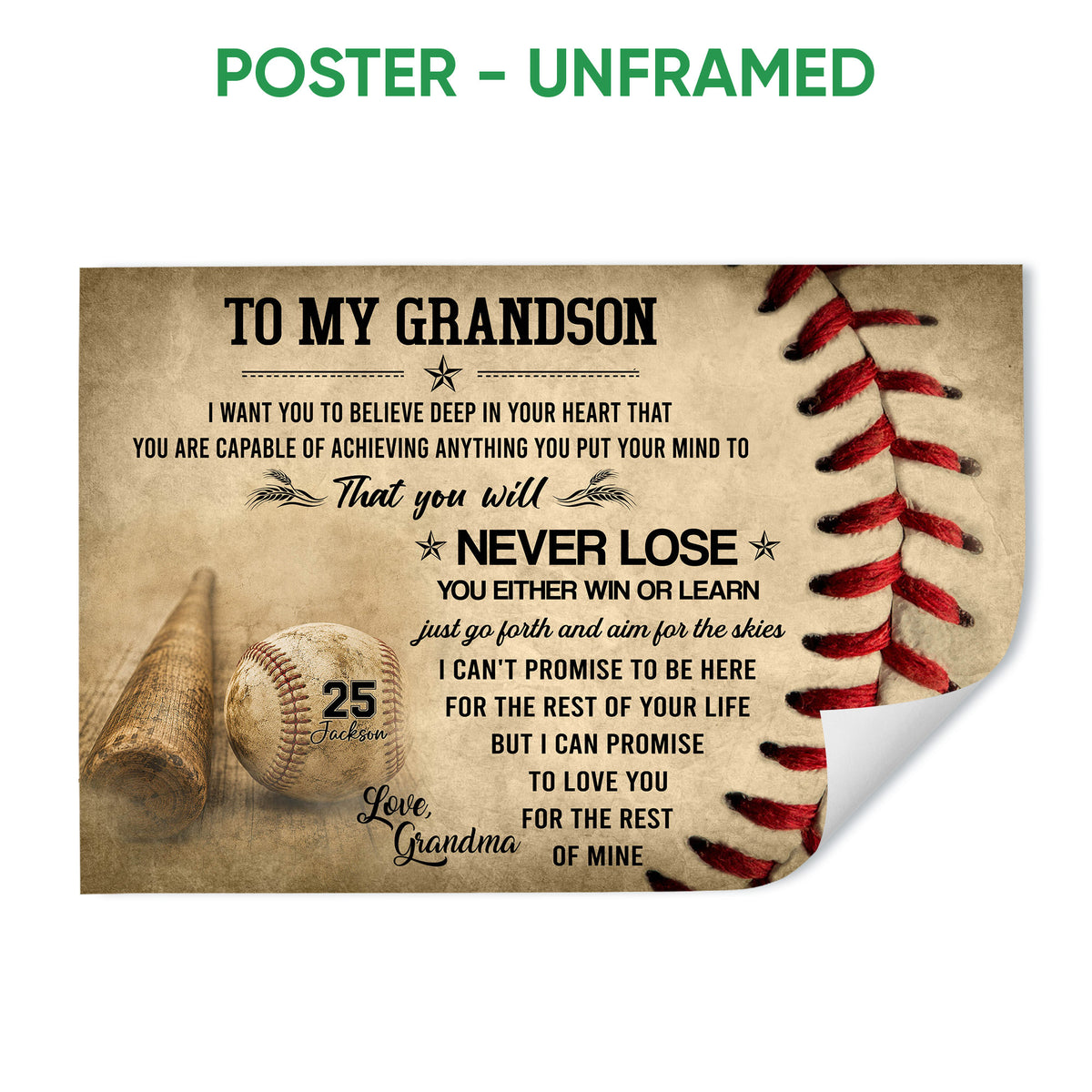 Unframed baseball poster featuring a vintage bat, baseball, red stitching, and inspirational artwork