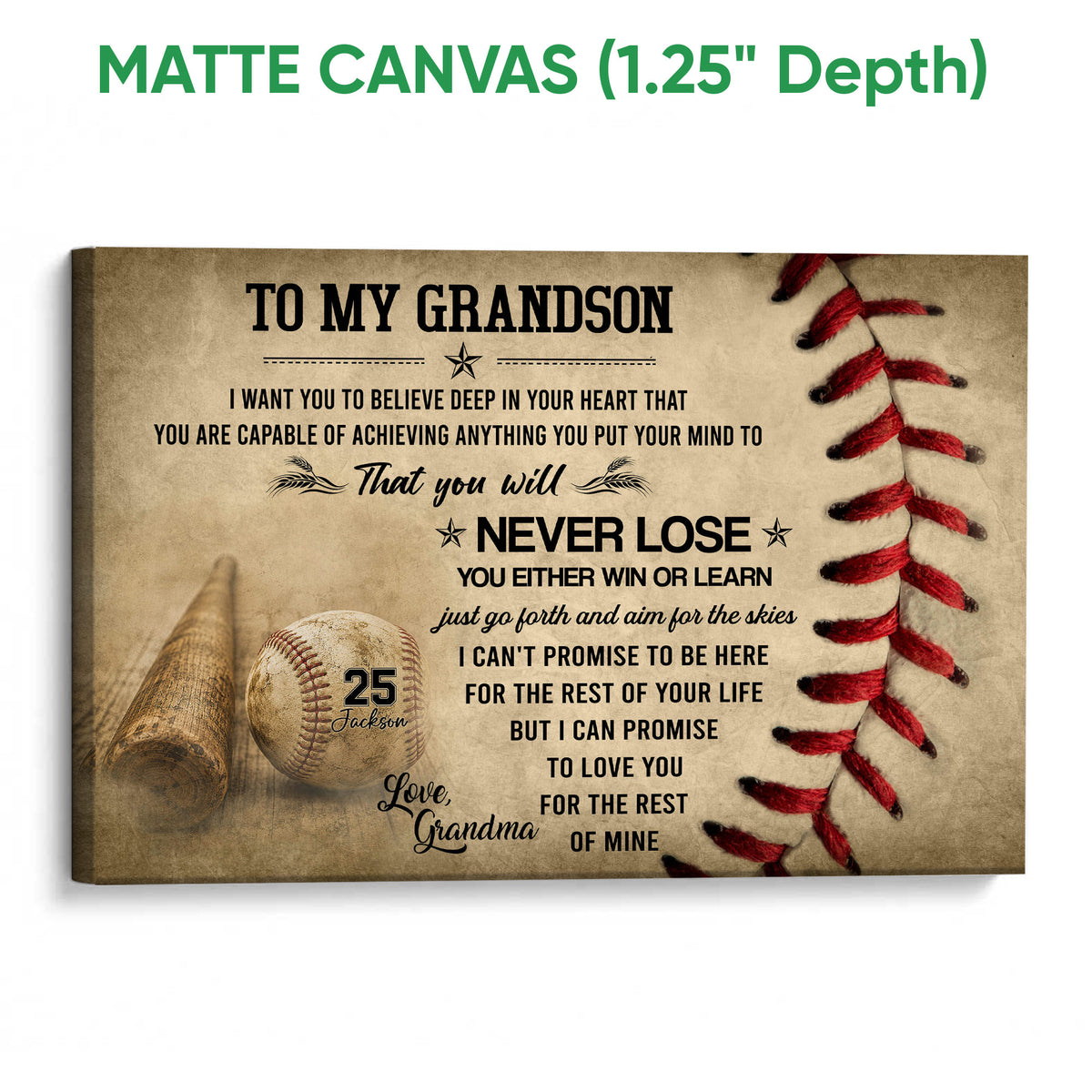 Matte canvas baseball wall art with a textured presentation, bat, baseball, and red stitching