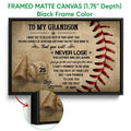 Framed baseball canvas wall art shown with a black frame and close-up of the wrapped canvas edge