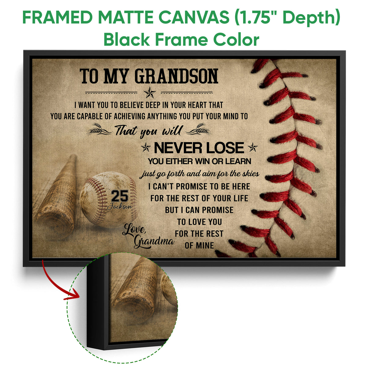 Framed baseball canvas wall art shown with a black frame and close-up of the wrapped canvas edge