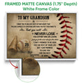Framed baseball canvas wall art shown with a white frame and close-up of the canvas edge