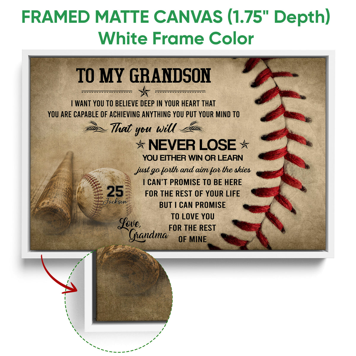 Framed baseball canvas wall art shown with a white frame and close-up of the canvas edge