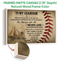 Framed baseball canvas wall art shown with a natural wood frame and detailed edge view