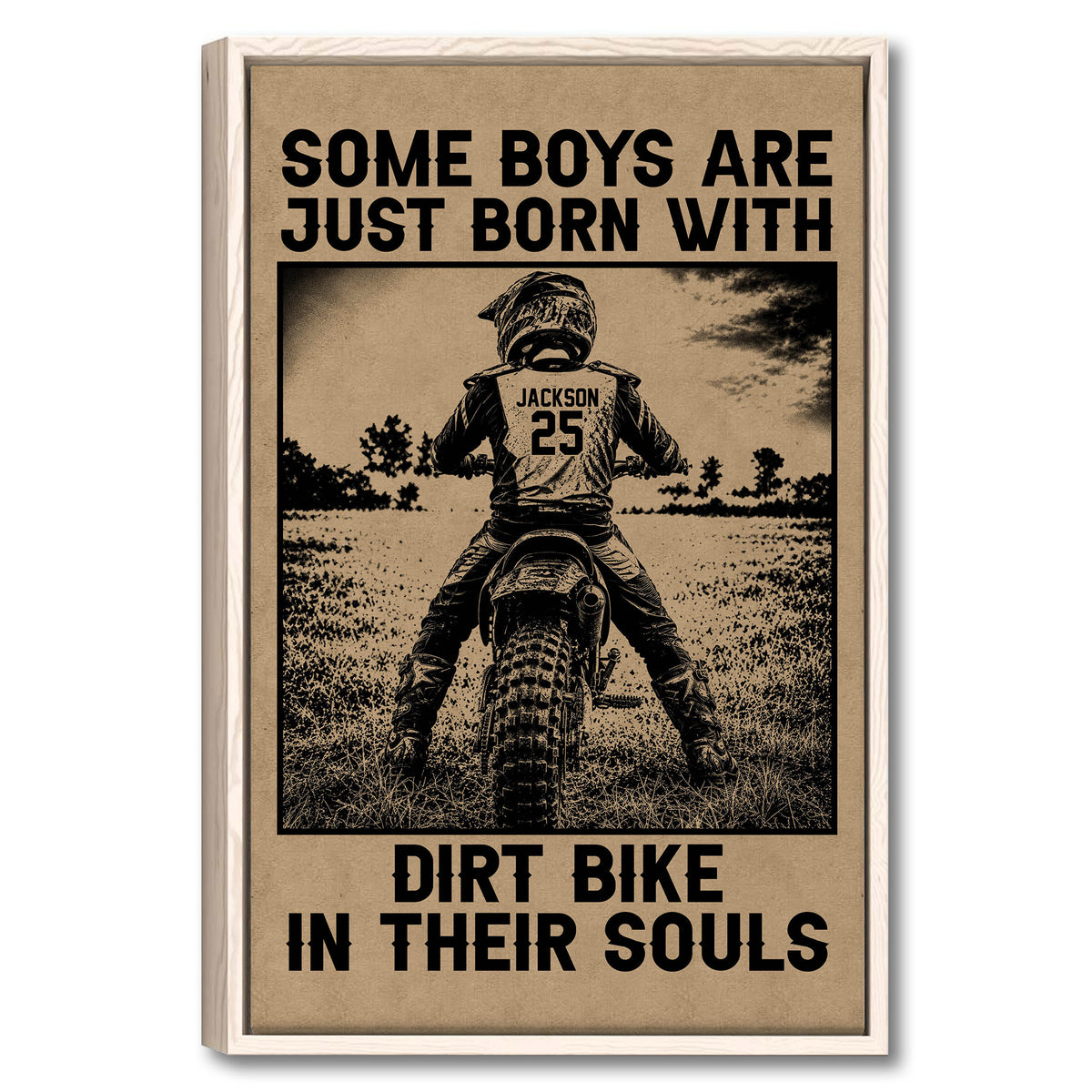 Framed motocross wall art featuring a dirt bike rider on a track with bold sepia typography