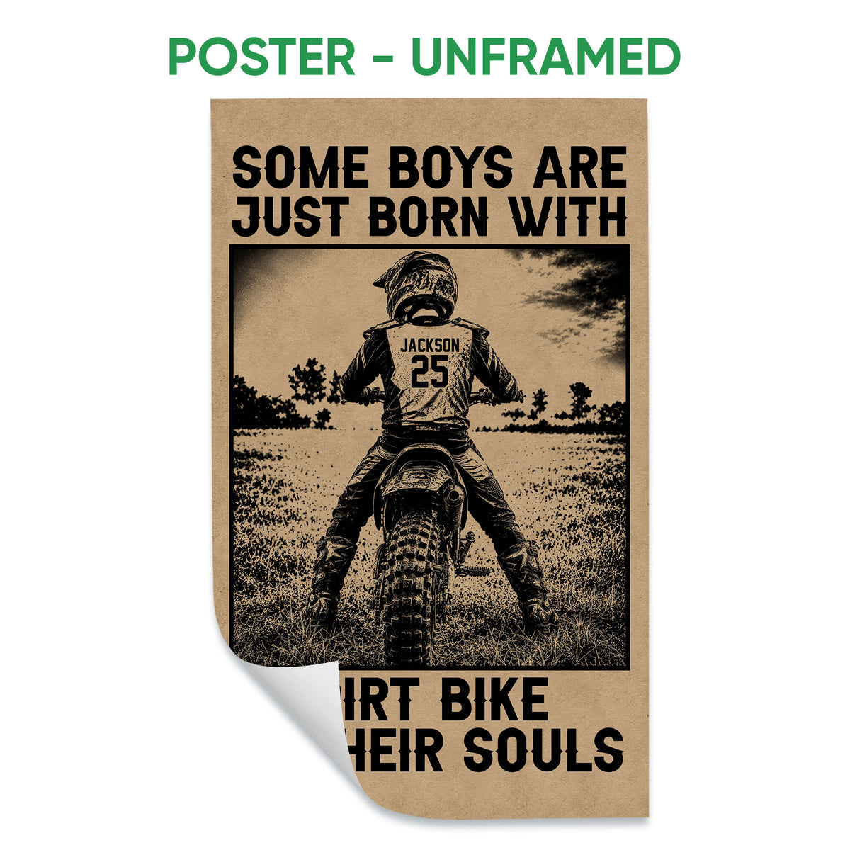 Unframed motocross poster showing a dirt bike rider in a sepia-toned outdoor scene