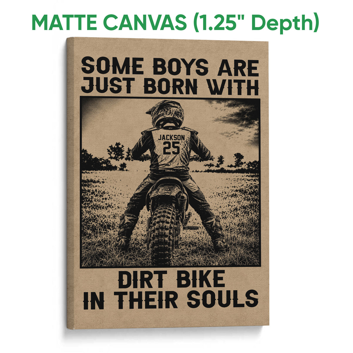 Matte canvas motocross wall art featuring a rear view of a dirt bike rider on a rugged track