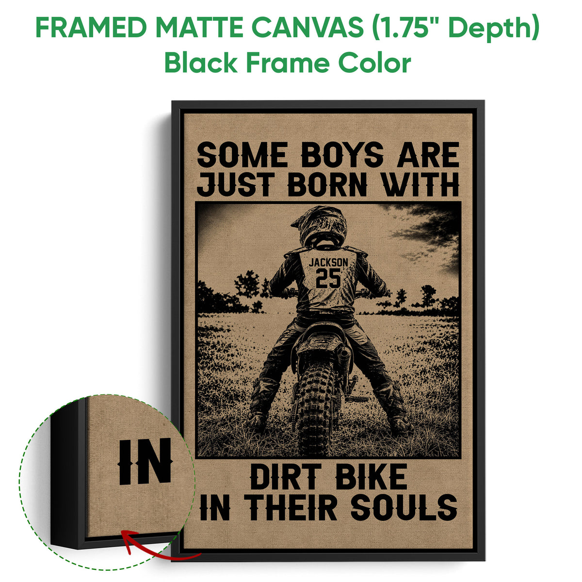 Framed motocross canvas wall art shown with a black frame and detailed dirt bike artwork