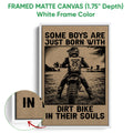 Framed motocross canvas wall art shown with a white frame and sepia dirt bike design