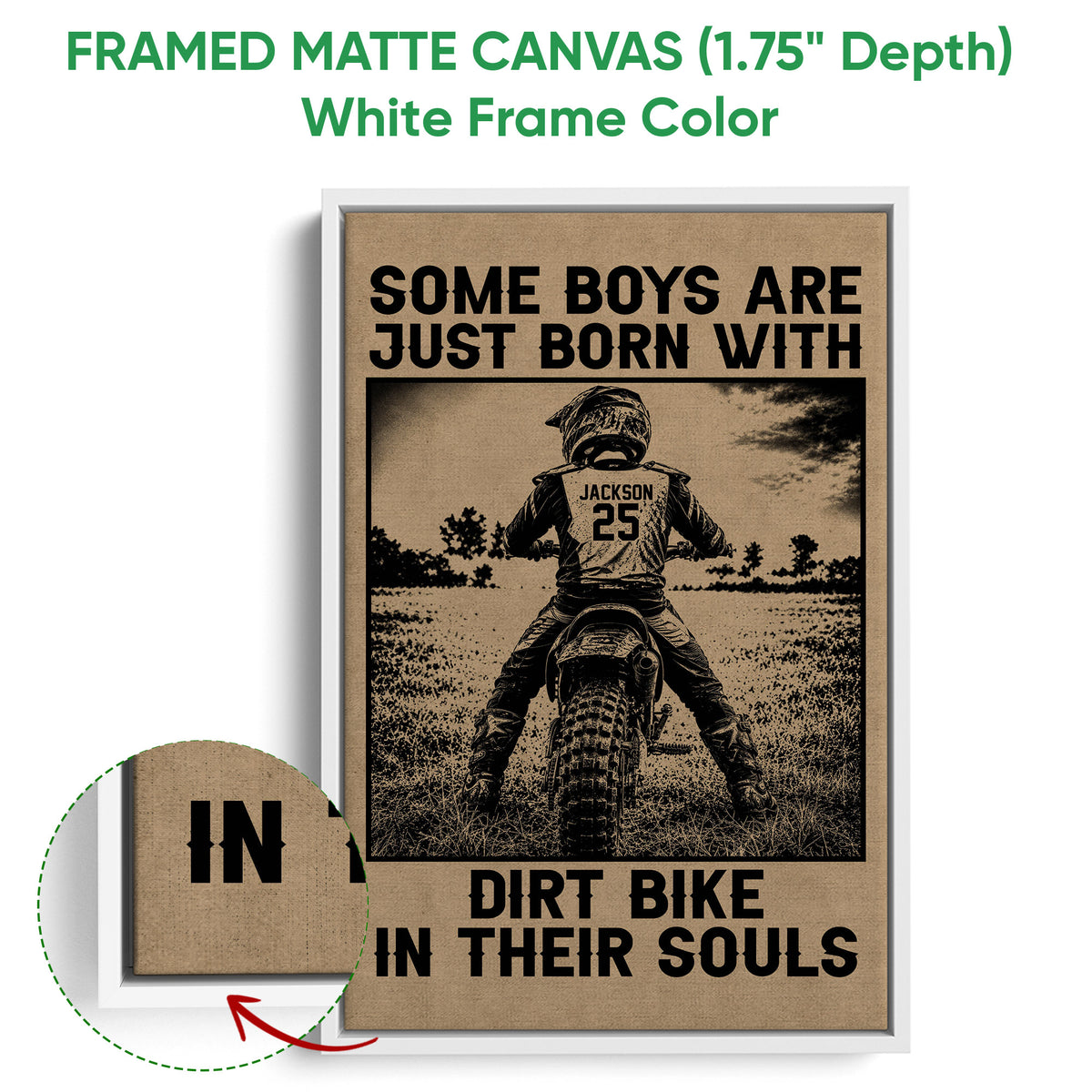 Framed motocross canvas wall art shown with a white frame and sepia dirt bike design