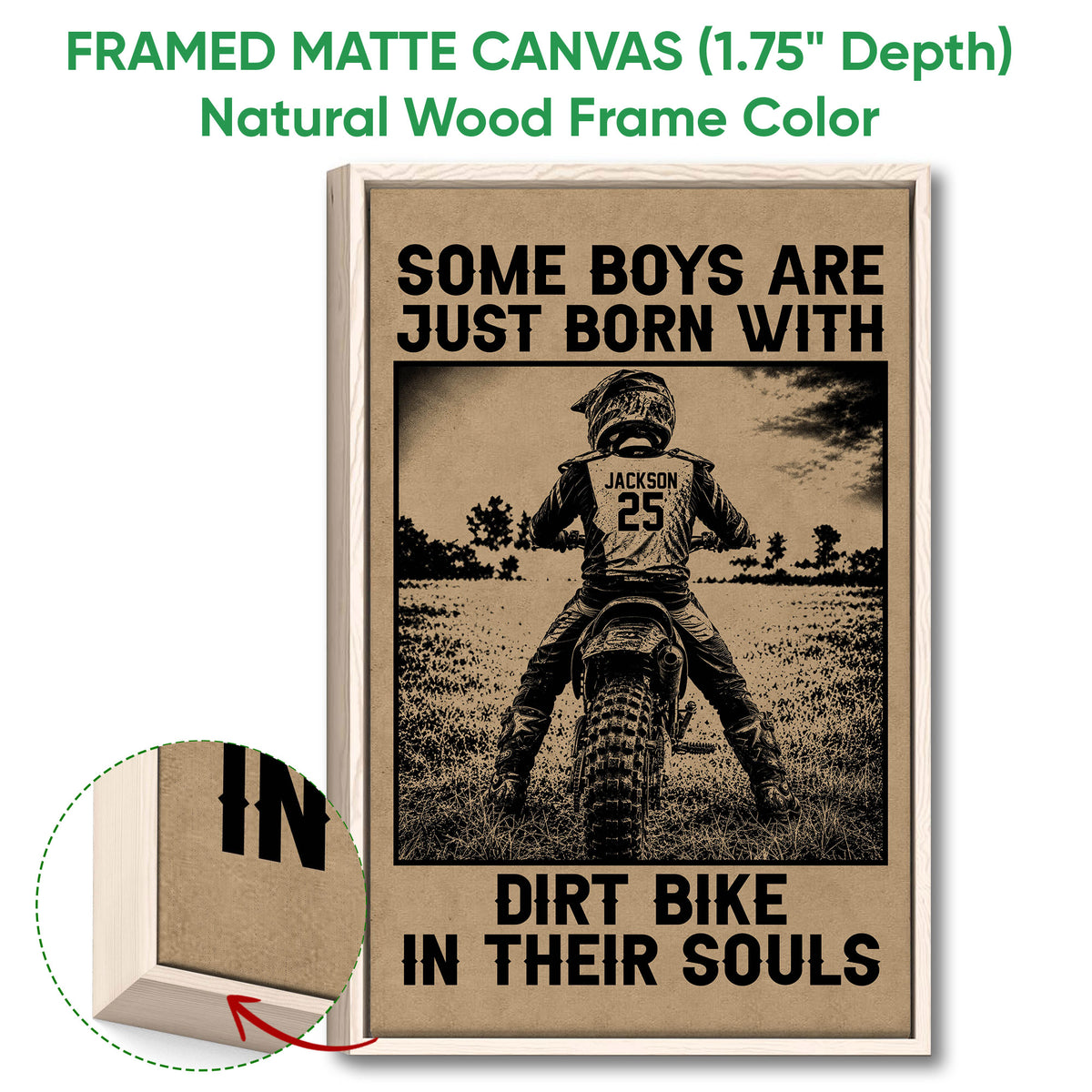Framed motocross canvas wall art shown with a natural wood frame in a rustic style
