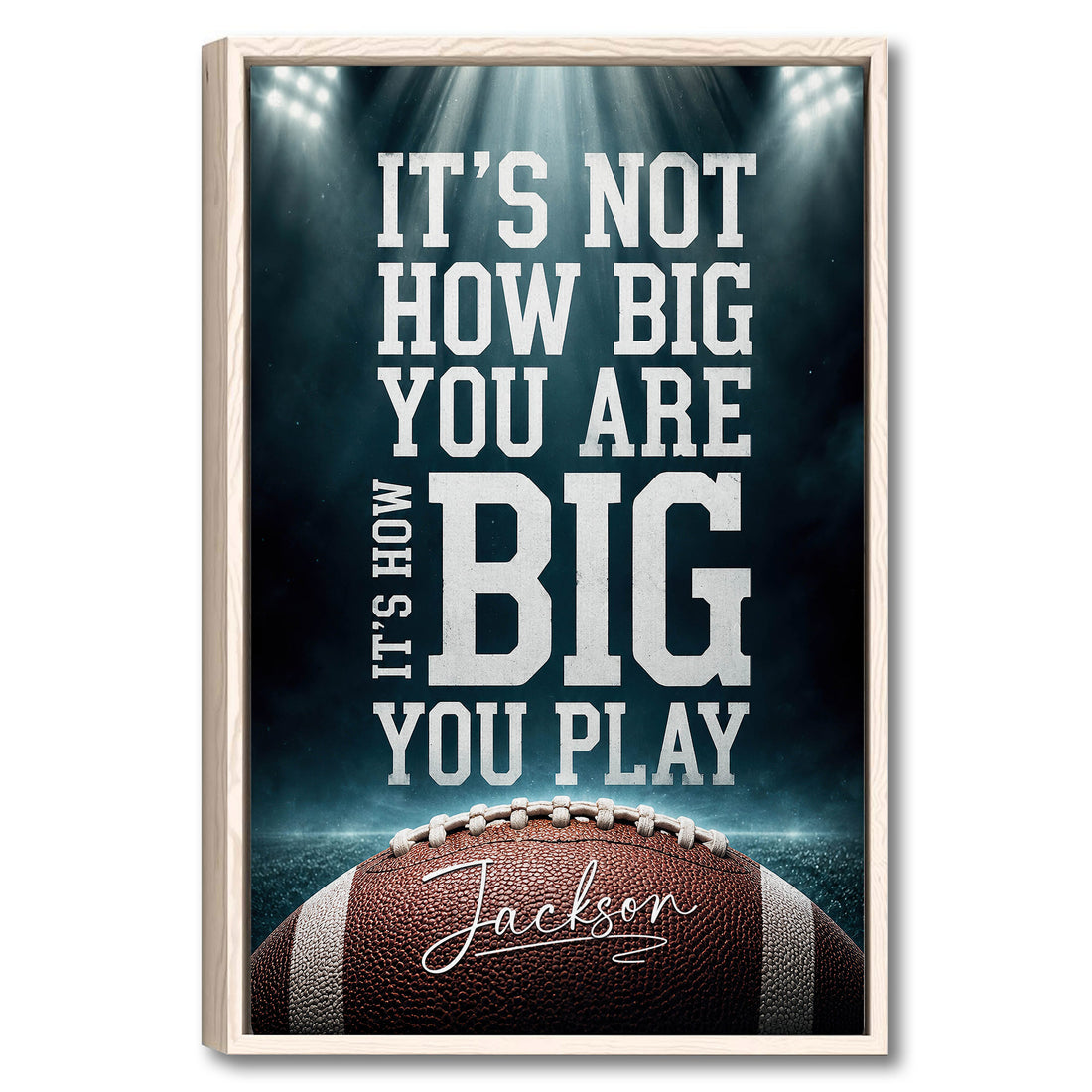 Framed football wall art with bold white typography, stadium lights, and a close-up football design
