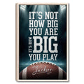Framed football wall art with bold white typography, stadium lights, and a close-up football design