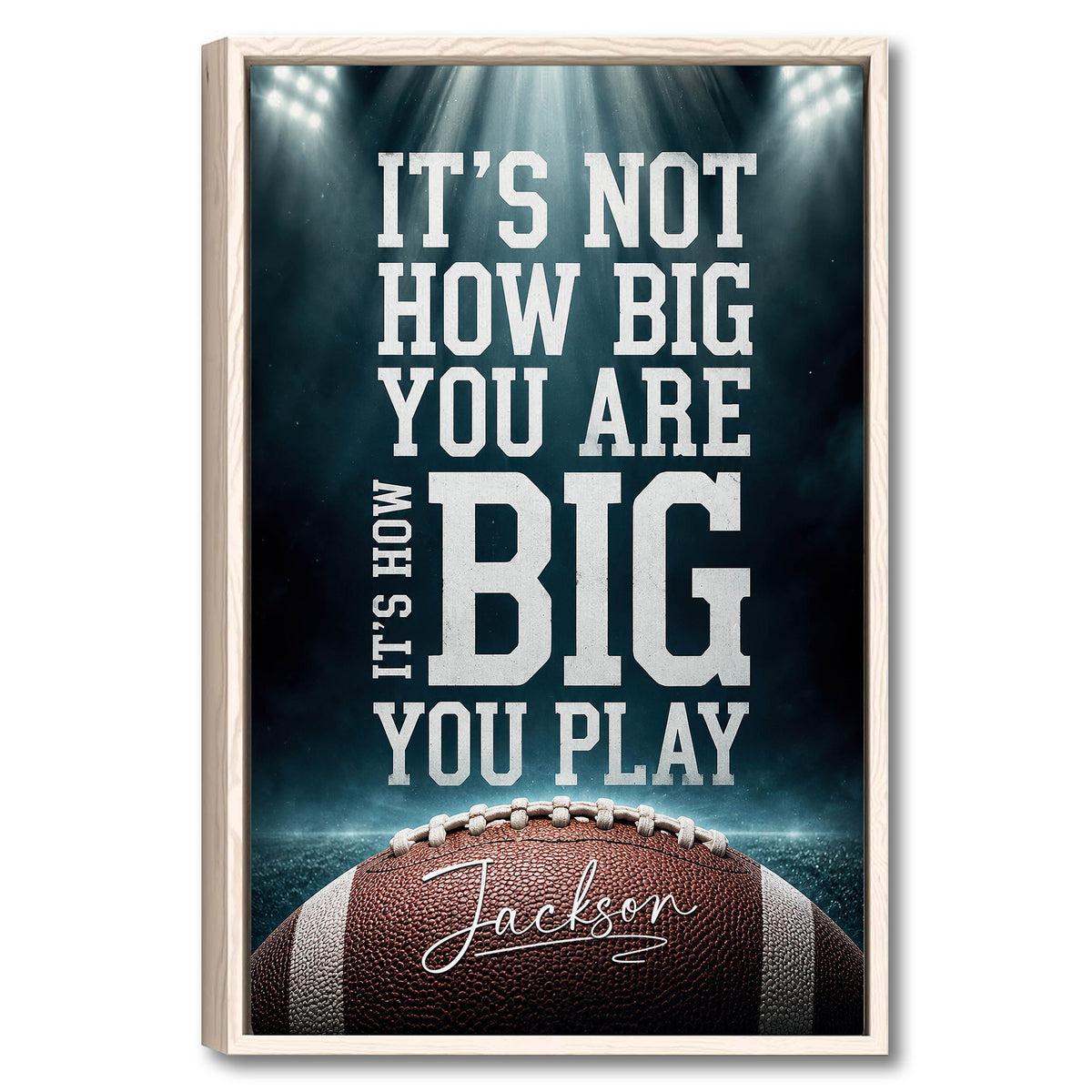 Framed football wall art with bold white typography, stadium lights, and a close-up football design