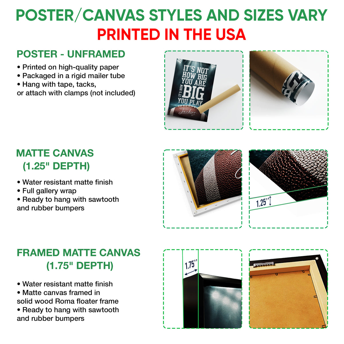 Poster or canvas wall art options guide showing unframed poster, matte canvas, and framed canvas formats