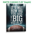 Matte canvas football wall art with dramatic stadium lighting, bold typography, and a detailed football