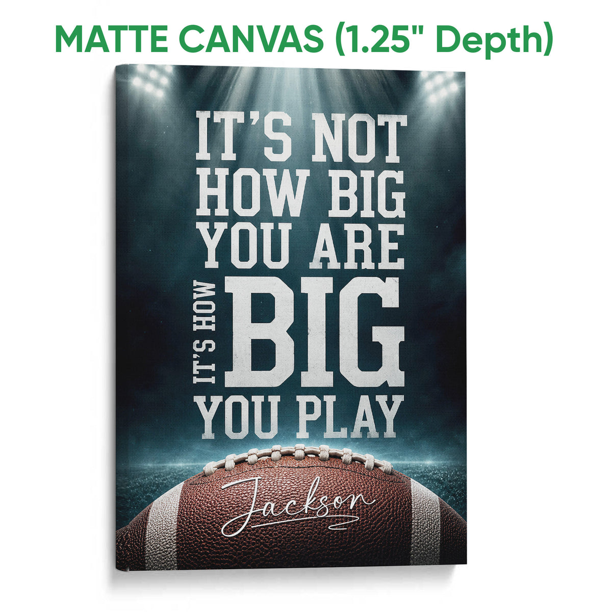 Matte canvas football wall art with dramatic stadium lighting, bold typography, and a detailed football