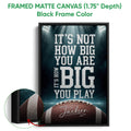 Framed matte canvas football wall art shown with a black frame and close-up frame detail