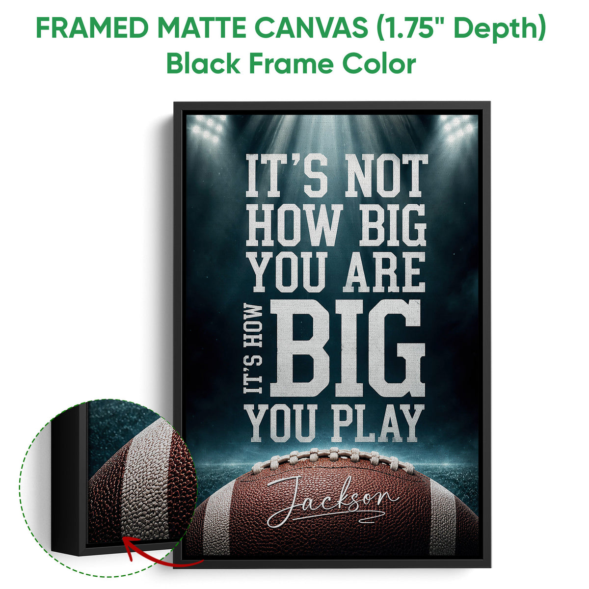 Framed matte canvas football wall art shown with a black frame and close-up frame detail