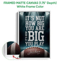 Framed matte canvas football wall art shown with a white frame and close-up frame detail