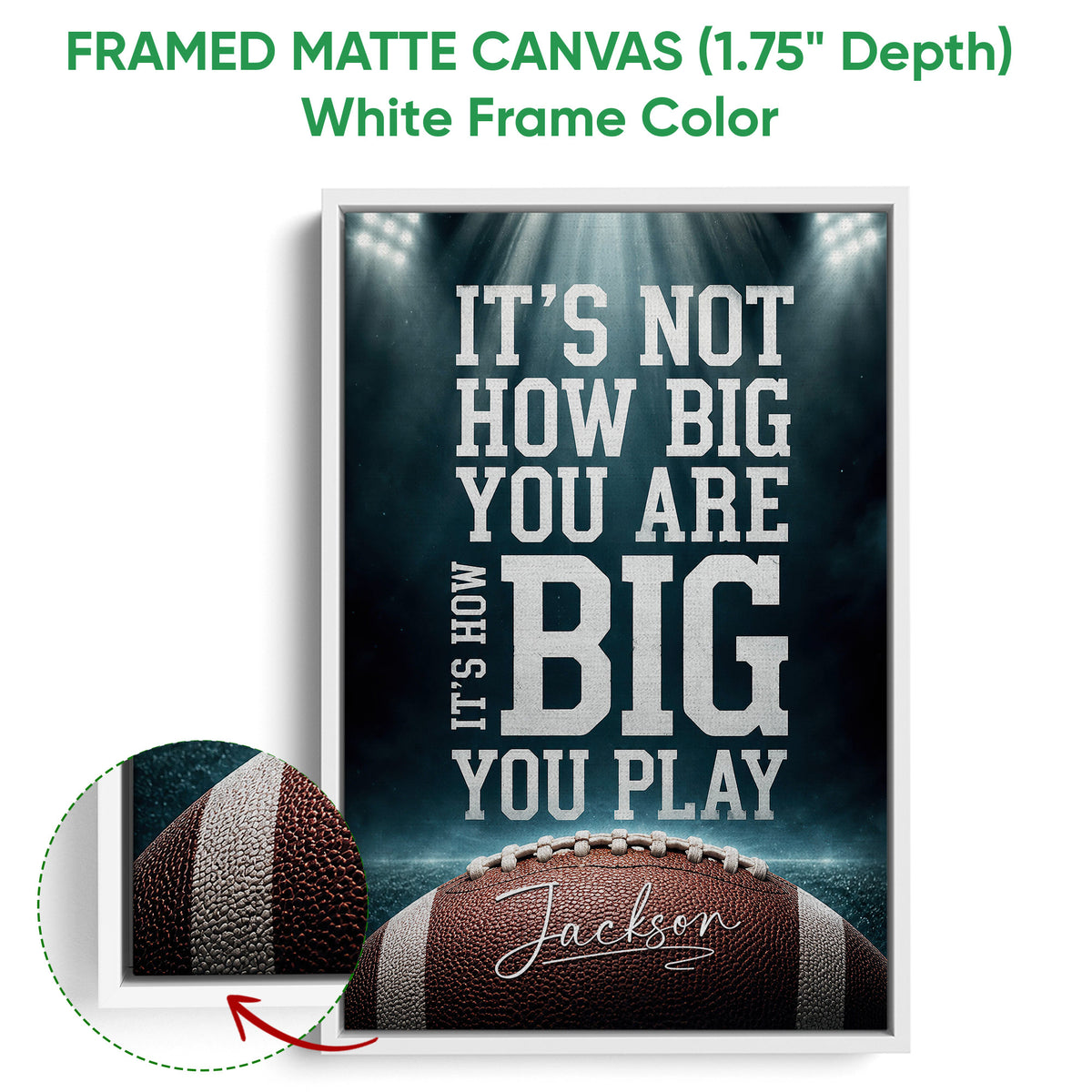 Framed matte canvas football wall art shown with a white frame and close-up frame detail