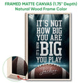 Framed matte canvas football wall art shown with a natural wood frame and detailed edge view