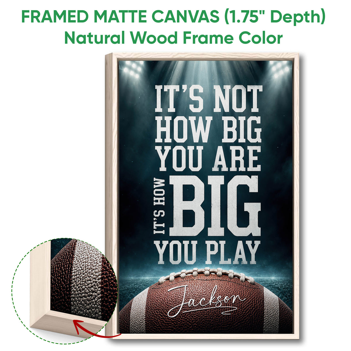 Framed matte canvas football wall art shown with a natural wood frame and detailed edge view