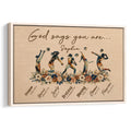 Framed volleyball wall art with five players, floating volleyballs, floral border, and warm wood tones